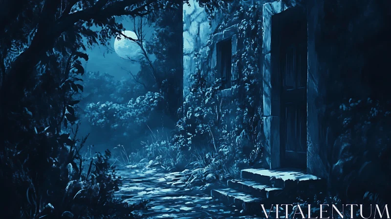 Moonlit stone doorway framed by dense overgrown forest.