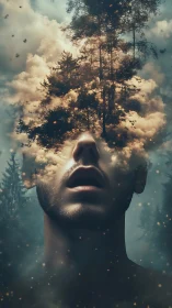 Surreal male portrait merges forest canopy and storm clouds.