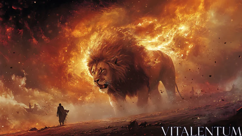 Fiery spectral lion strides through burning stormscape.