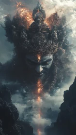 Volcanic deity face emerges from clouded chasm with molten core