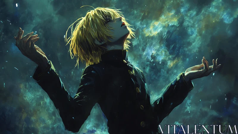 Stargazing rebel bathed in swirling cosmic stormlight.