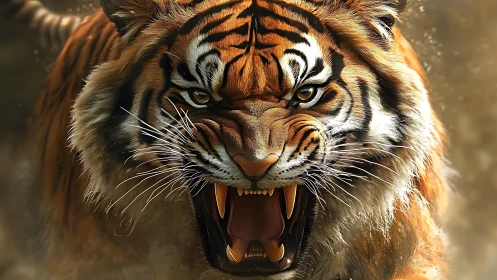 Snarling tiger lunging forward with intense golden glare.