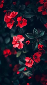 Red flowers bloom against dark foliage with selective focus.