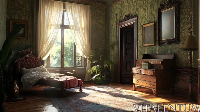 Sunlit velvet chaise in a secretly regal vintage bedroom.