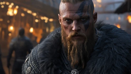 Battle-hardened Viking warrior glares through firelit mist
