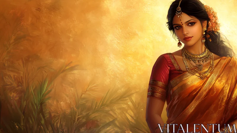 Elegant Indian Woman in Traditional Saree, Digital Art Portrait.