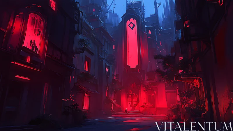 Vertically tiered cyber temple bathed in saturated red emissive light