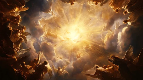 Heavenly storm of angels swirls toward a blazing celestial dawn