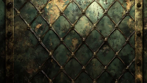Weathered metal lattice over oxidized green surface pattern.