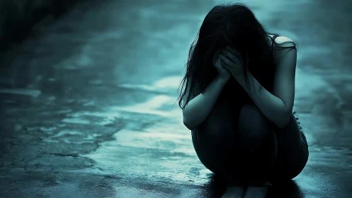 Woman Sitting Alone in Emotional Distress, Moody Blue Tone.