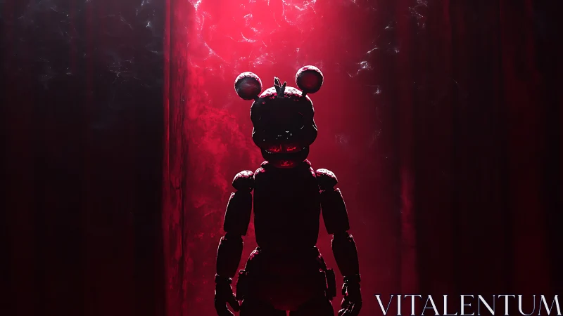 Animatronic bear silhouette stands in red backlit haze