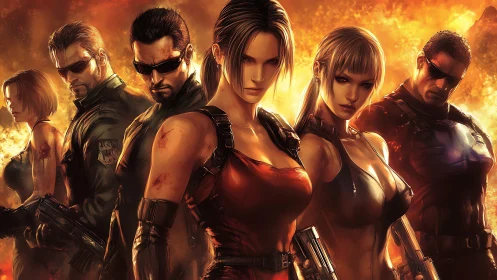 United in the firelight, battle-ready heroes stand strong.