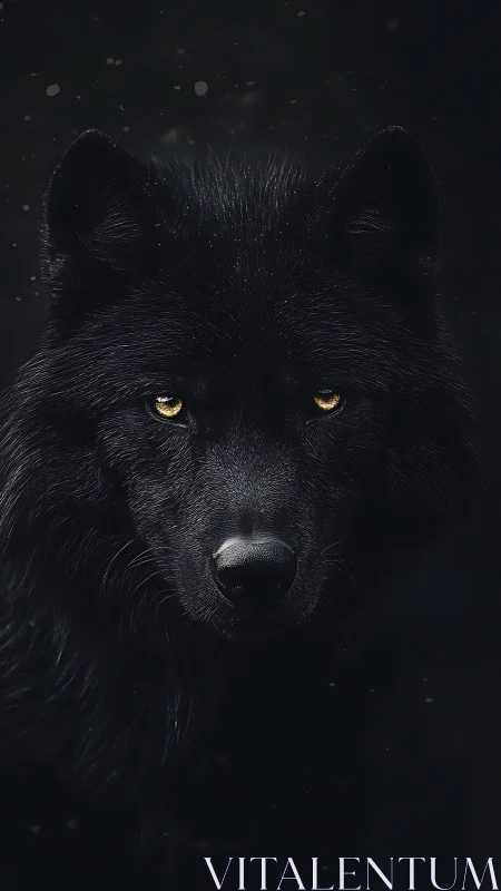 Low-key portrait of black wolf with luminous amber eyes.