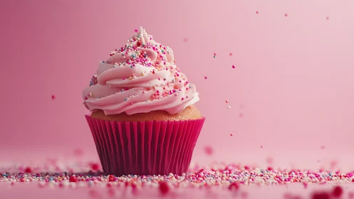Pink Frosted Cupcake with Sprinkles Centered on Pink Background