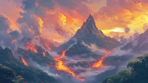 Volcanic sunrise crowns a blazing fantasy mountain realm.