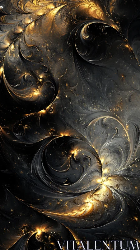 Fractal curves form layered golden and black swirling fields