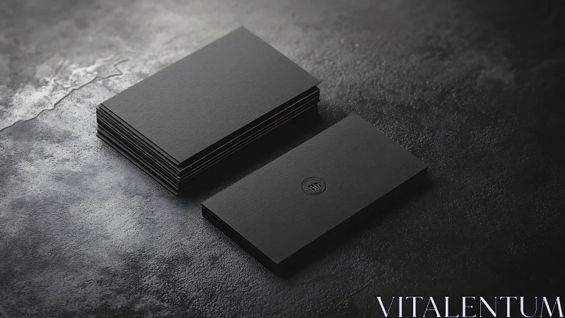 Black business cards on dark textured surface, stacked layout.