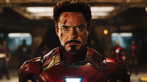 Battle worn armored hero stands strong in a glowing suit