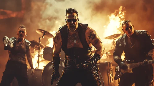 Industrial metal band performs before roaring stage flames