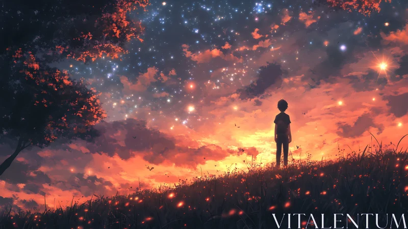 Stargazing child under a glowing, dream-filled sunset sky.