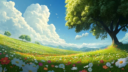 Sunlit wildflower valley under storybook clouds and sheltering tree.