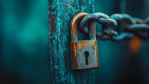 Corroded brass padlock on oxidized steel post with chain