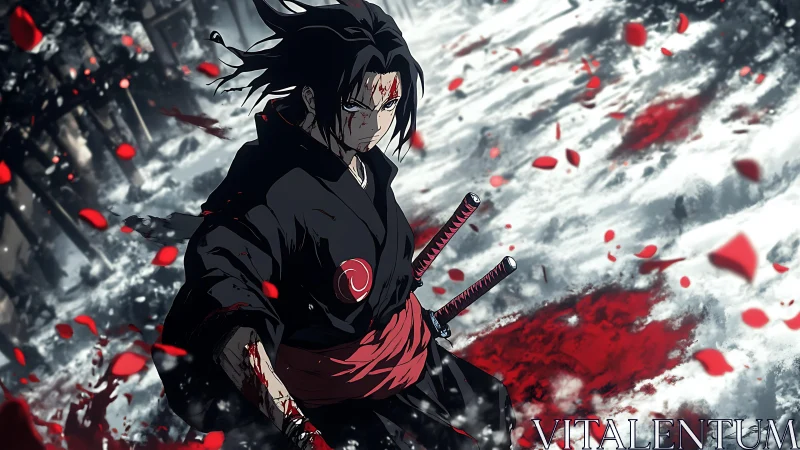 Bloodied anime swordsman stands defiant in a snowy battleground