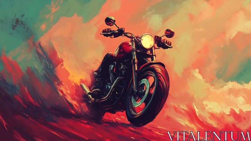 Dynamic cafe racer motorcycle accelerates through abstract color field