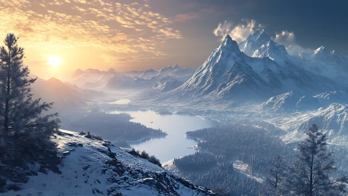 Sunlit alpine lake beneath towering winter peaks at dawn.
