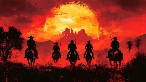 Silhouetted cowboys ride toward a burning desert sunset.