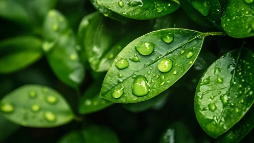 Rain-kissed emerald leaves cradle bright morning droplets.