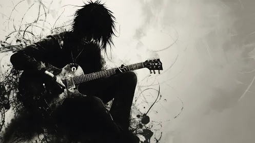 Silhouetted rock guitarist sits in swirling ink splatter