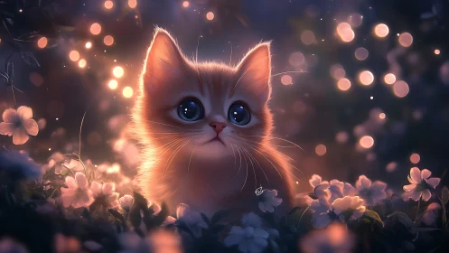 Glowing Cat Among Flowers in Enchanted Garden.