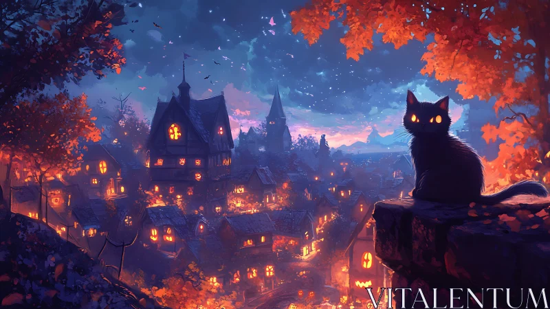 Haunted Village at Twilight with Black Cat
