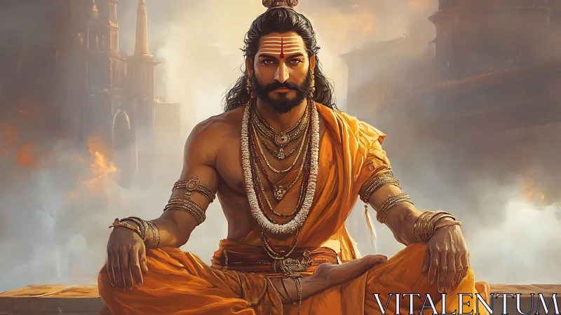 Warrior sage in orange robes rendered with high-detail digital painting