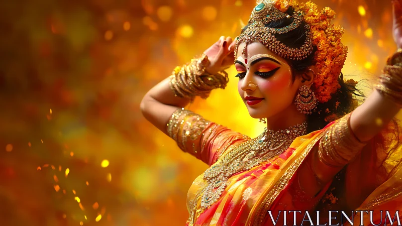Divine classical dancer glows in molten golden light.