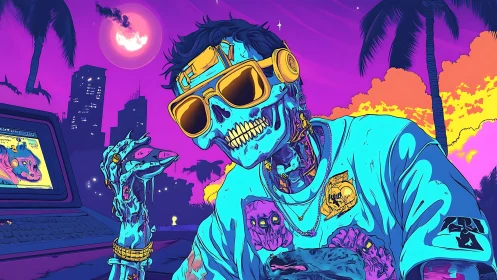 Cybernetic skeleton figure in neon tropical cityscape at night.