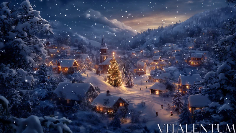 Snow-laden alpine village with illuminated central Christmas tree at dusk