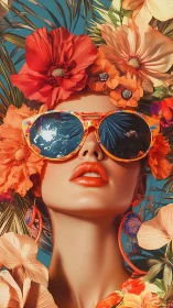 Hyper-saturated portrait integrates floral headdress with reflective lenses