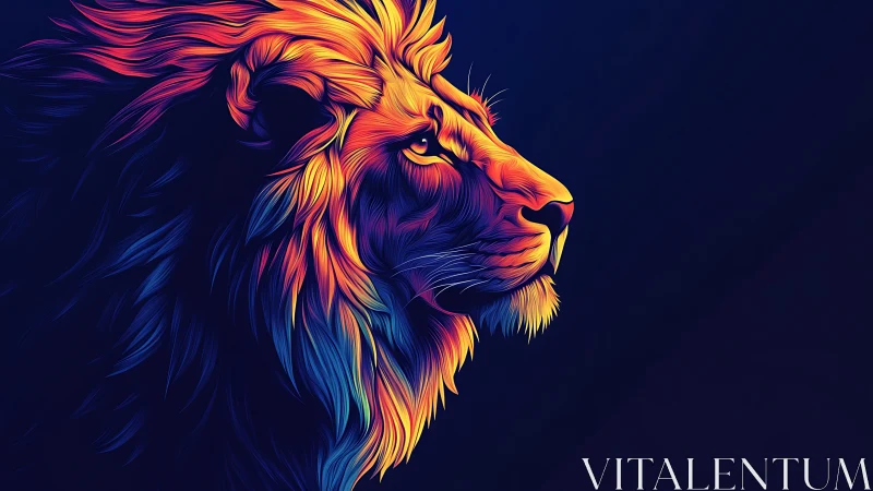 Radiant neon lion gazing boldly into the glowing night.