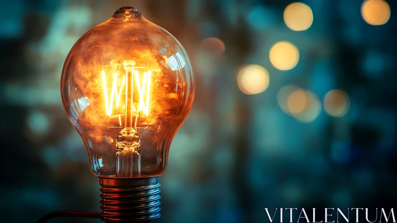 Incandescent filament bulb glows against defocused bokeh field