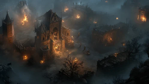 Smoldering medieval village glows gently through the foggy night