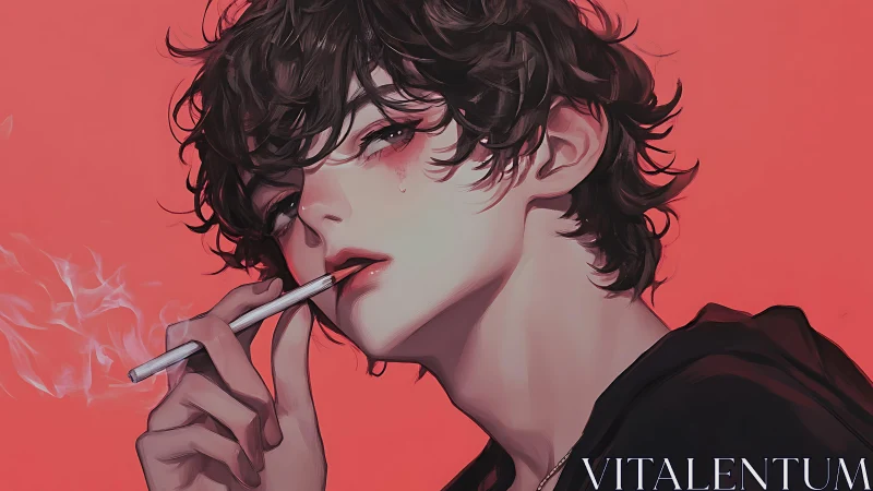 Melancholic youth smokes against bold coral backdrop.