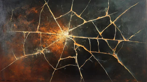 Radiating golden fracture lines on dark textured background.
