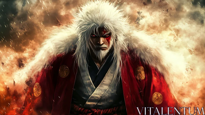 White haired warrior in red kimono amid blazing smoke.