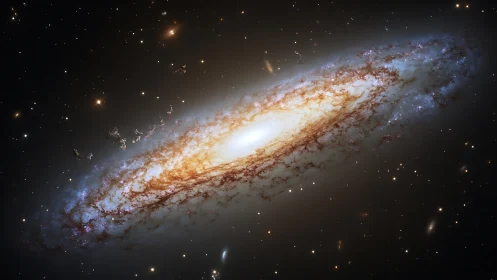 Edge-on spiral galaxy with bright core and dust lanes.