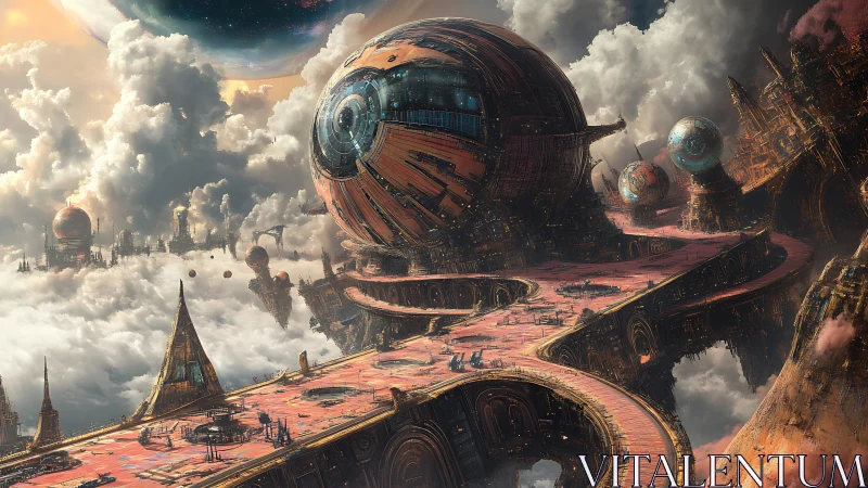 Concept art of orbital sphere city with elevated cloudways.