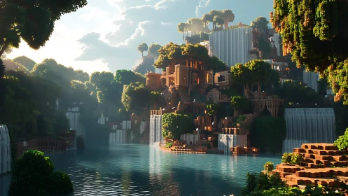 Overgrown Futuristic Metropolis with Cascading Waterfalls and Verdant Architecture.