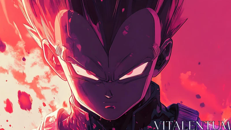 Intense anime warrior glares forward in blazing crimson light.