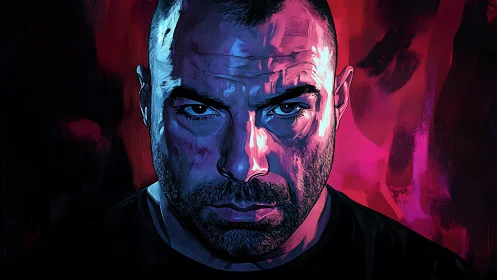 Intense portrait glowing in bold neon pink and midnight blue.